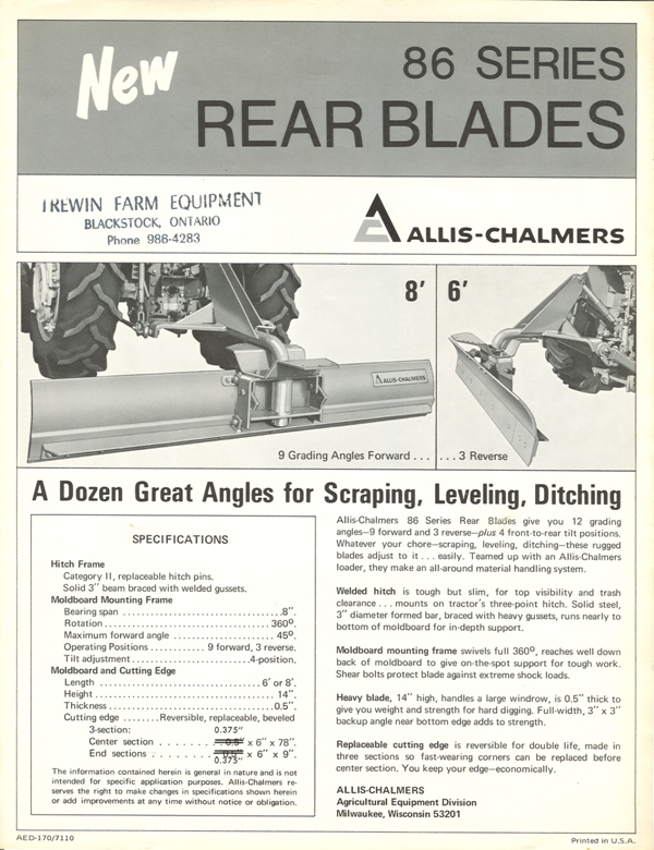 Allis Chalmers WD Oxnard 6' SCRAPER BLADE 6 foot Operator Parts manual TPL-265A 